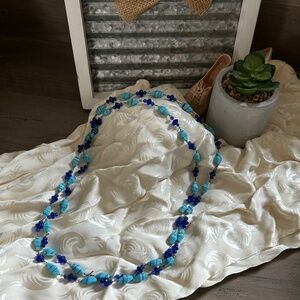 Rare 1920s Antique Art Deco Blue Glass Beads Light Blue Stones Wire Chain